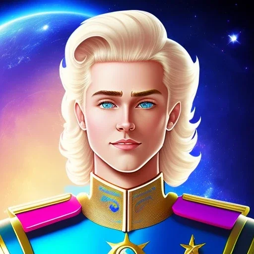 galactique beau fin, profil de trois quart, grand front cosmique, peau bleu cristalline, yeux bleu réel, cheveux blond et rose étoilé, armure sur le corps, collier de grand prince, lèvres souriante, très jolie sourire, fond de galaxie. 4k