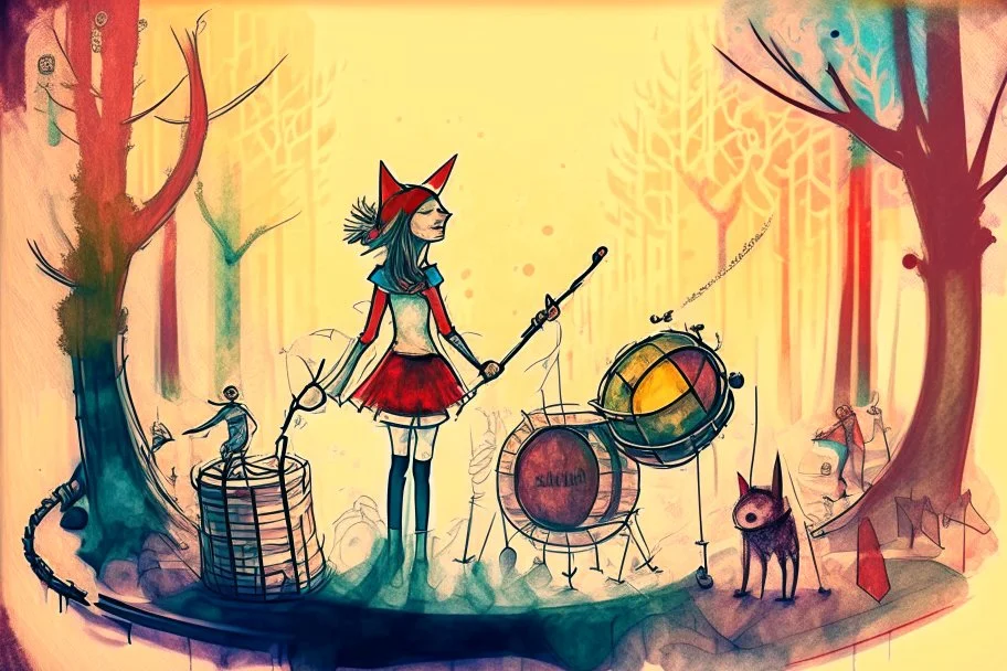 watercolor and ink, Stage, stand-up microphone, drums, guitars, speakers, forest, Hansel and Gretel, Snow White walking with Robin Hood, midwife with an iron nose, Little Red Riding Hood with a basket on her arm, wolf horn on her head in sunshine, ethereal, cinematic postprocessing, bokeh, dof