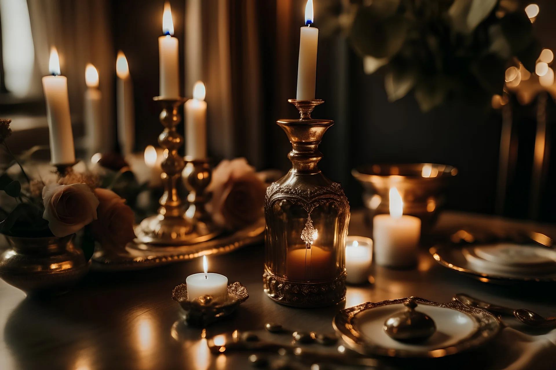 generate me an aesthetic complete image of Perfume Bottle with Romantic Candlelit Dinner Setting