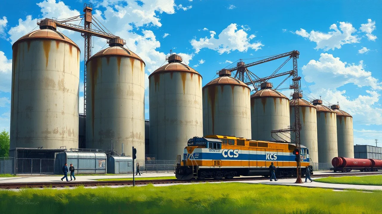 The image is a painting of a large industrial area with several large silos and a crane. The silos are made of concrete and have a rustic, weathered appearance. The crane is tall and has a long arm extending from the top. In front of the silos, there is a yellow and white train with the word "KCS" written on the side. The train is stopped at a red light and there are a few people walking on the sidewalk. The sky is blue with some clouds and the ground is covered in green grass. The overall mood