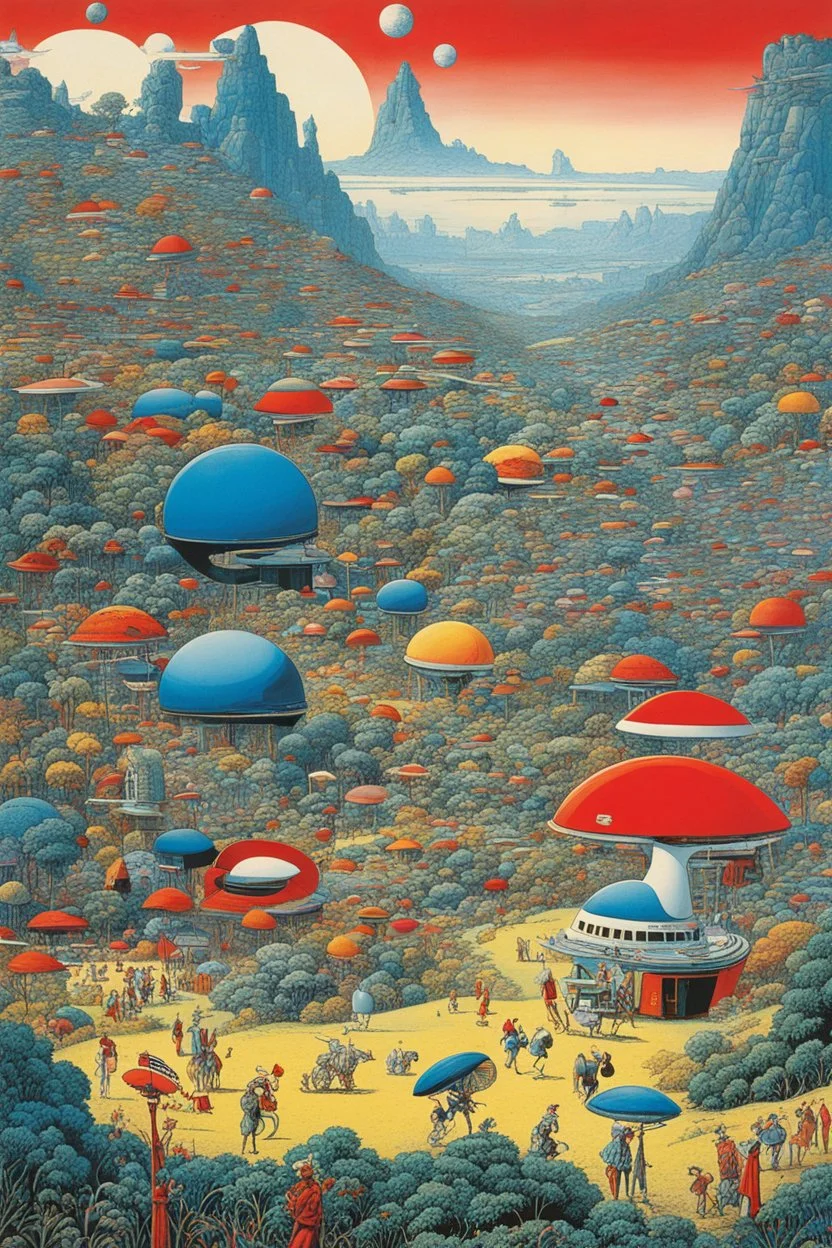 Humorous, quirky avant garde Beside Roger Dean futuristic, neo-dada: where's wally? where's wally? where's wally?