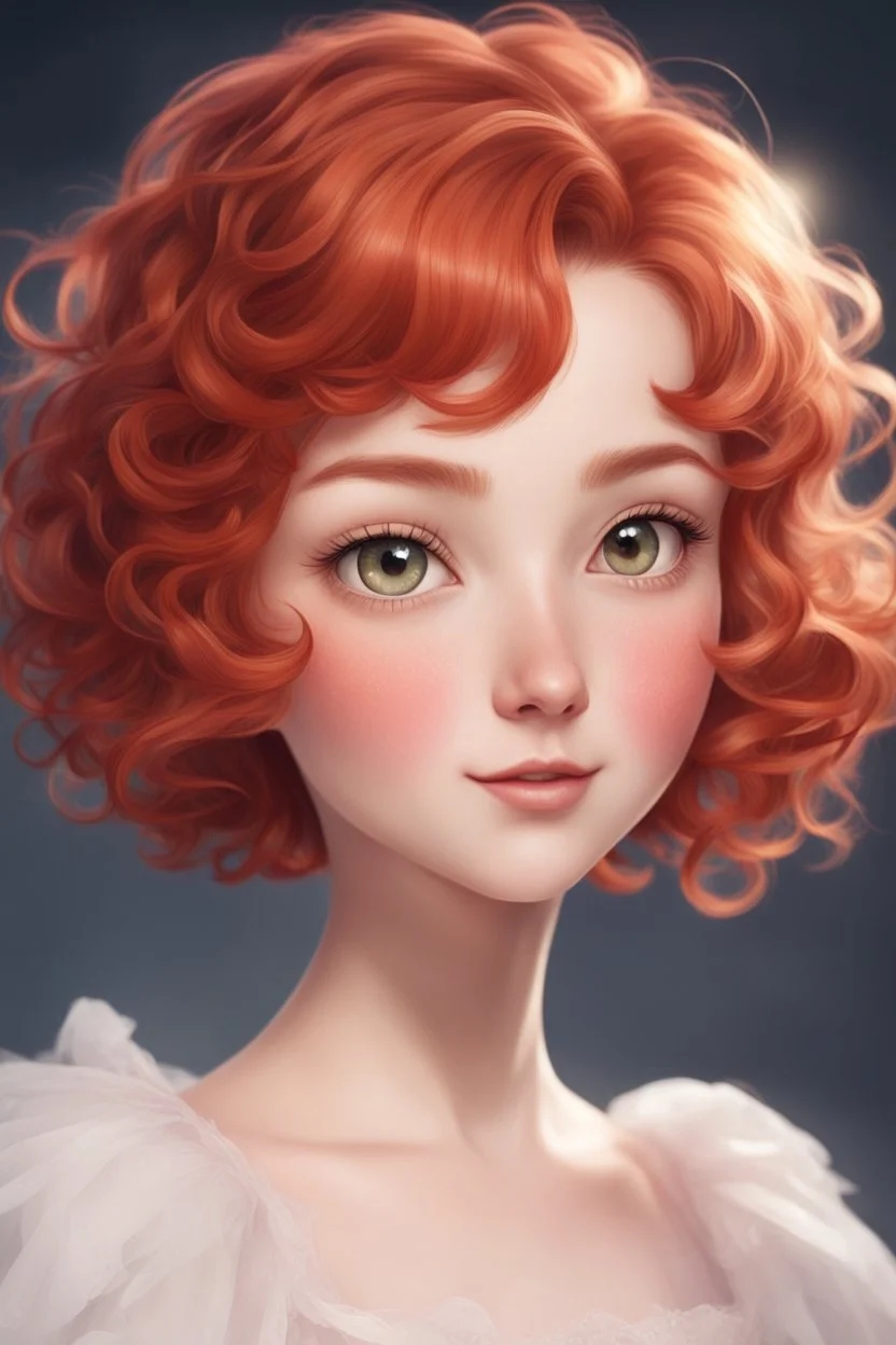 A short girl with thick short wavy red hair, narrow kind eyes with an enthusiastic look. A wide oval face is decorated with an upturned nose and small lips in the style of genshin impact, a ballerina