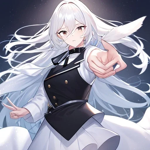 masterpiece, best quality, female, long white fluffy hair, hair between eyes, pointing, wearing a white shirt with a black collar, wearing a black vest, wearing a white skirts, {{{half body}}}, very dark black eyes