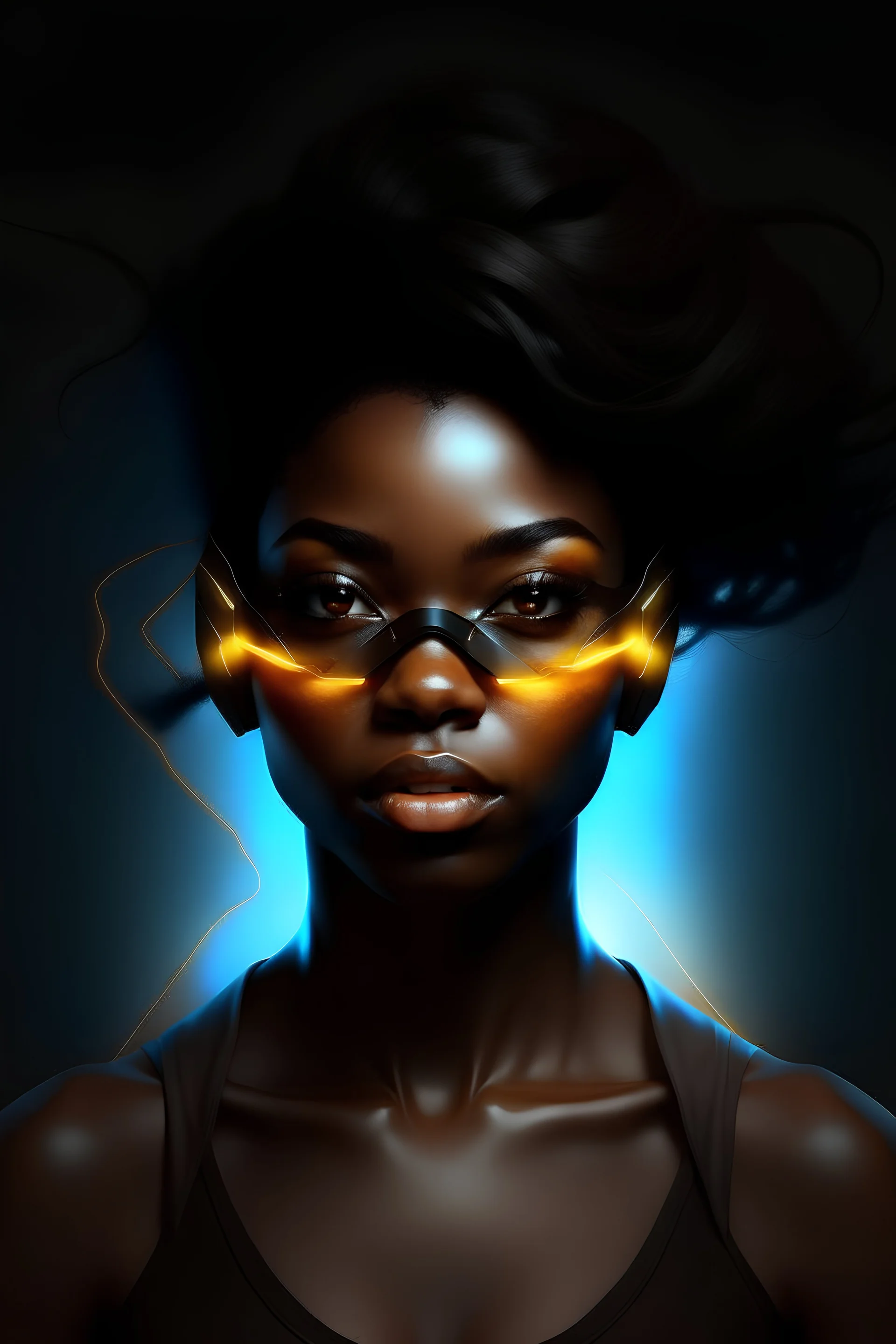 Generate me an image of a dark hair black woman with a bit shorter hair than shoulder length that is a software developer and has a blindfold. she have lightning super powers as well and wearing a mask