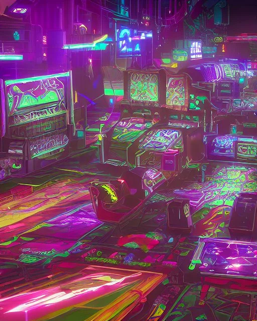 A dark photo of a full panoramic view an 80's aesthetics arcade at night, with a lot of functioning arcade machines, a vaporwave floor and some colorful tiles in between the floor. Purple aesthetics.