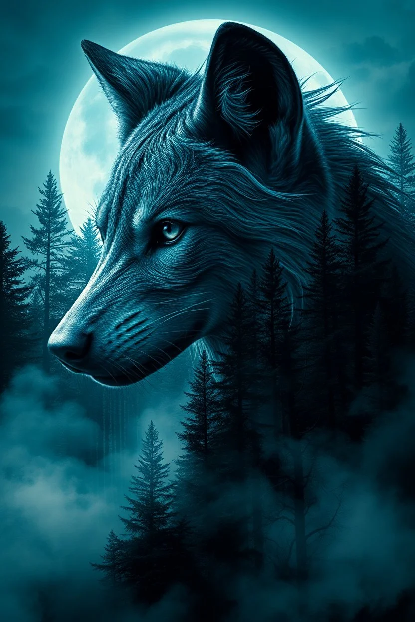 double exposure stunning wolf-woman mutant portait, forest, moon, smoke, ultra-high detailed, deep dark colors, dark fantasy, intricate detail, cinematic, masterpiece, sharp focus, dark ethereal fantasy, hyperdetailed, atmospheric , dark surreal fantasy