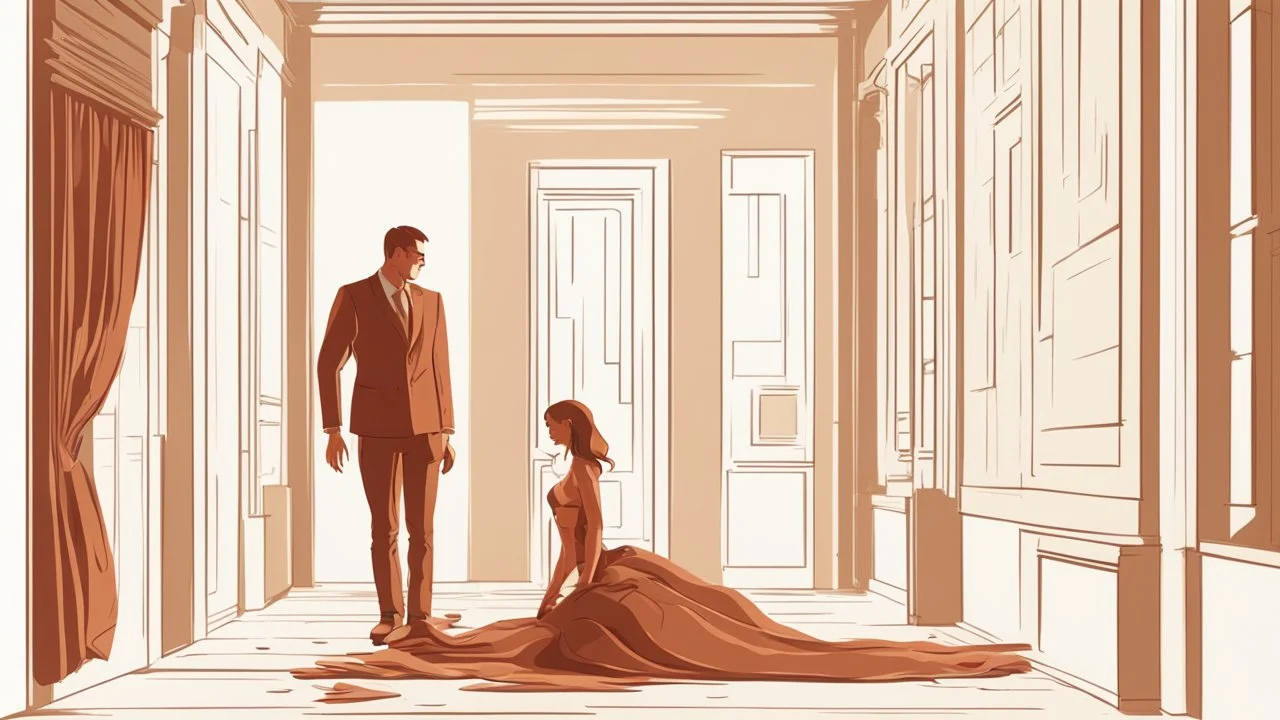 Modern flat, apathetic hitman works magic with a nymph in a narrow hallway, rich dark chestnut brown, burnt sienna and soft cream color, volumetric lighting, 3D three-dimensional lighting vector style illustration