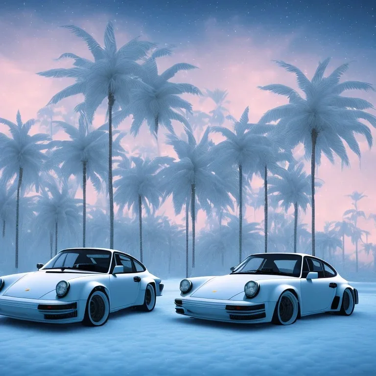 1980's aesthetic vaporwave palm trees with porsche in the winter snow