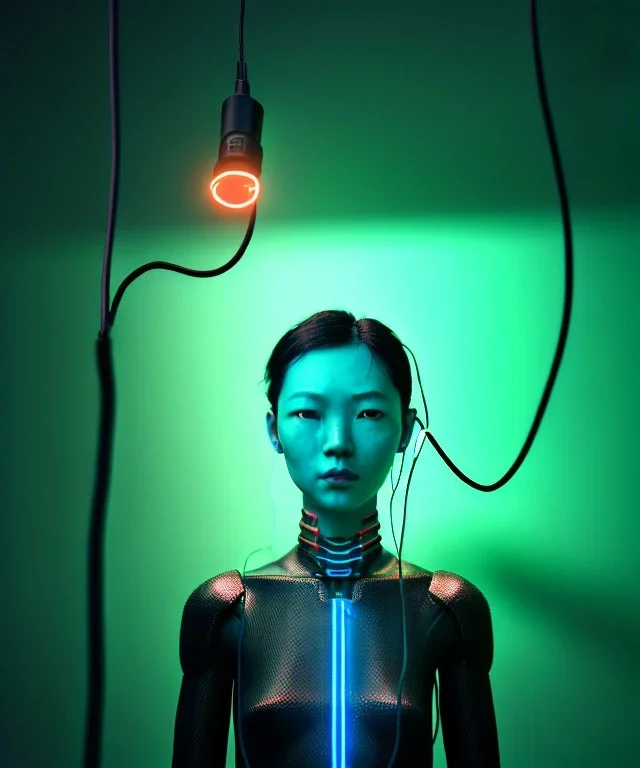 Ultra realistic photographic night portrait, cinematic, <Asian woman> <hanging wires> <retro monitor> many wires coming out of the head <perfect pupil> <cyborg arm> <garage> <wide angle Shot> <sci-fi futuristic> <thriller>, neon lights, color fog, soft color, highly detailed, unreal engine 5, ray tracing, RTX, lumen lighting, ultra detail, volumetric lighting, high definition.