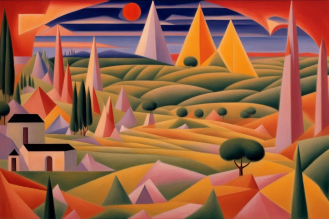 a landscape in futurism stye by artist "Gino Severini",by artist "Leonora Carrington",by artist "Mark Rothko"