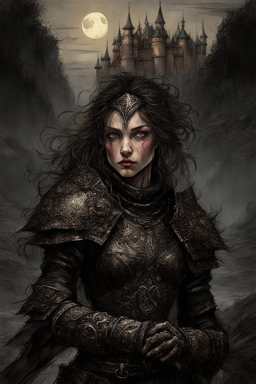 A formidable warrior girl in black armor, against the background of an amazing gloomy landscape, flooded with the light of two moons, mountains, trees, a fabulous scary landscape, juicy emotions, painting, dark fantasy, gloomy day, dark world, portrait, Gothic Town At Night, Fantasy, Intricate Details, Castle Courtyard Gardens, Hyper Detailed, Jean Baptiste Monge, Carne Griffiths, Michael Garmash, Seb Mckinnon, Masterpiece