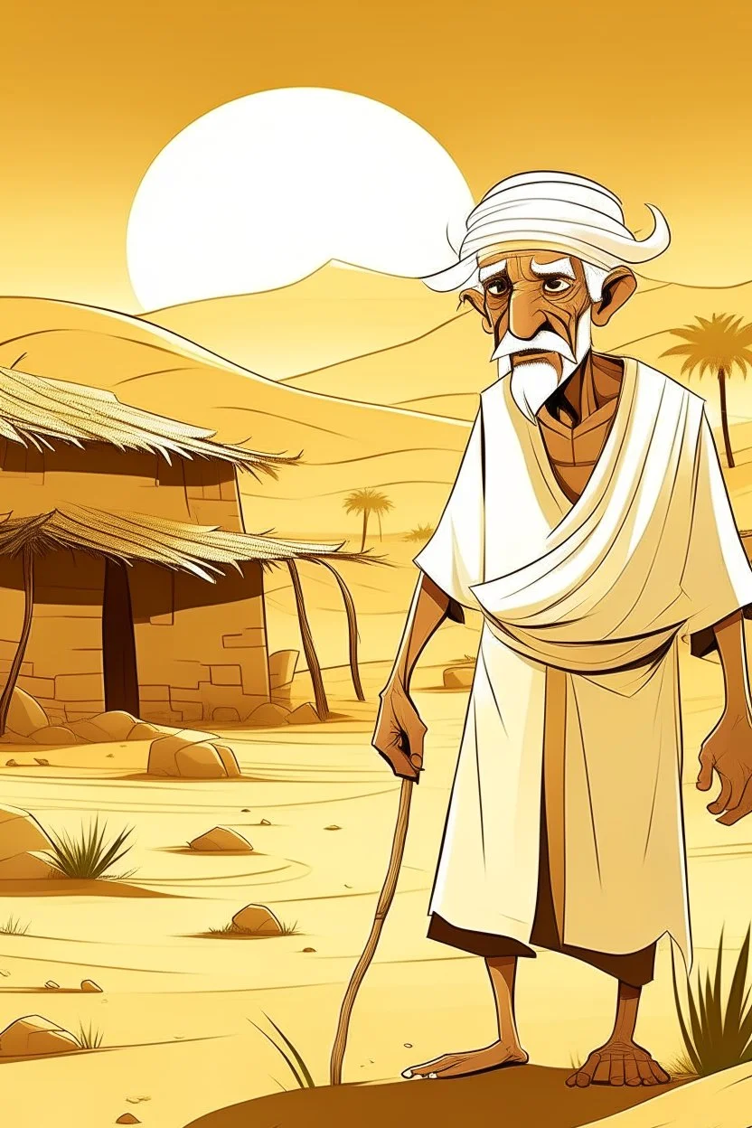 Old man, Arab, turban, white clothes, cattle, desert, council, sun, palm trees, mud houses, holding a stick, looking forward, a very slight smile.cartoon