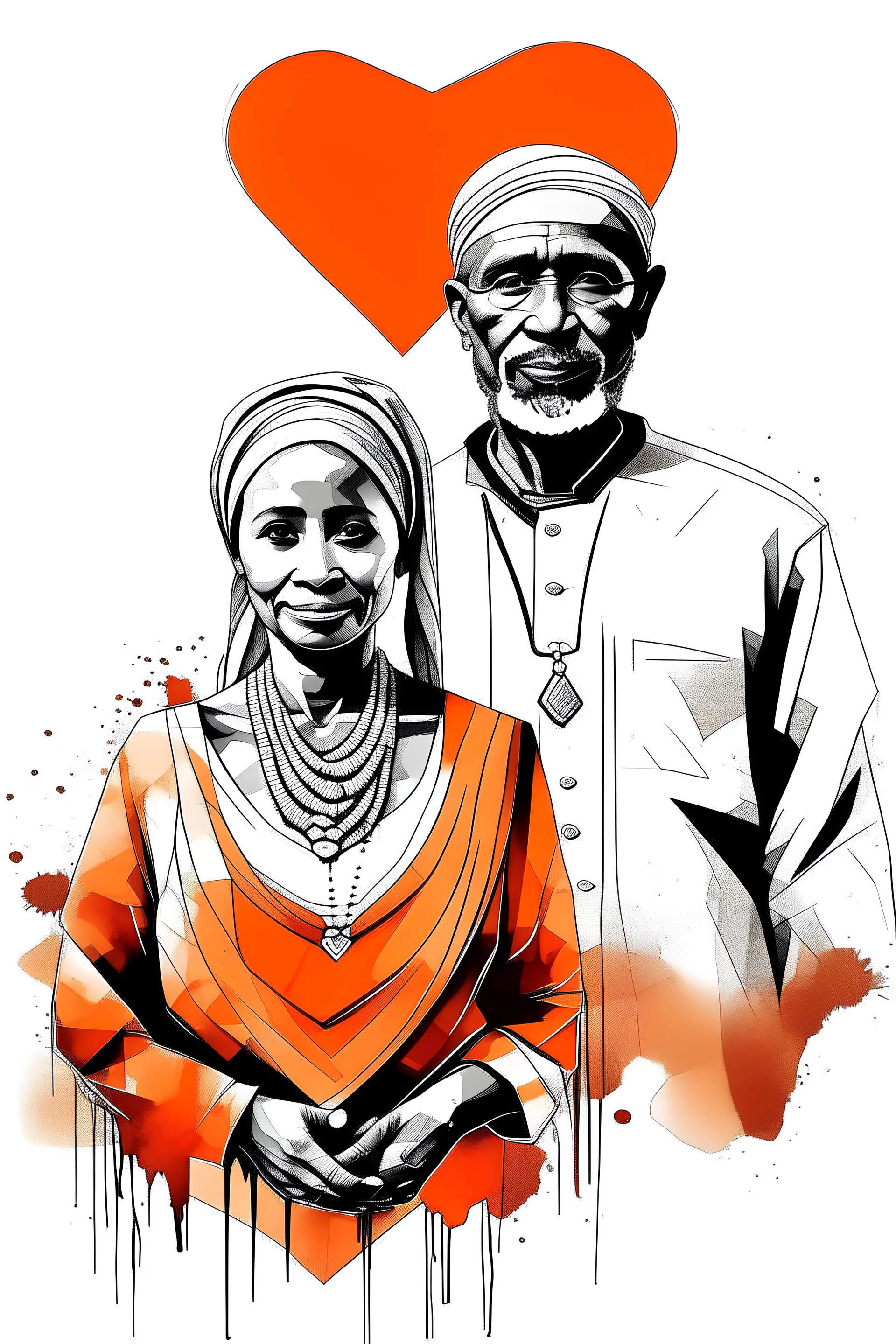 3cpo "sudanese man mathematician" , concept art, water color, water color effect, splash,use orang & black & white, logo design,white background, Sudane man wearing traditional sudan and a sudanese woman wearing traditional sudan , are forming a heart with their hands, clearly displaying the sudanes flag. The image combines half of the man’s face with half of the woman’s face. The background for the man includes white with artistic green Arabic calligraphy in a calligraphy style, and the woman