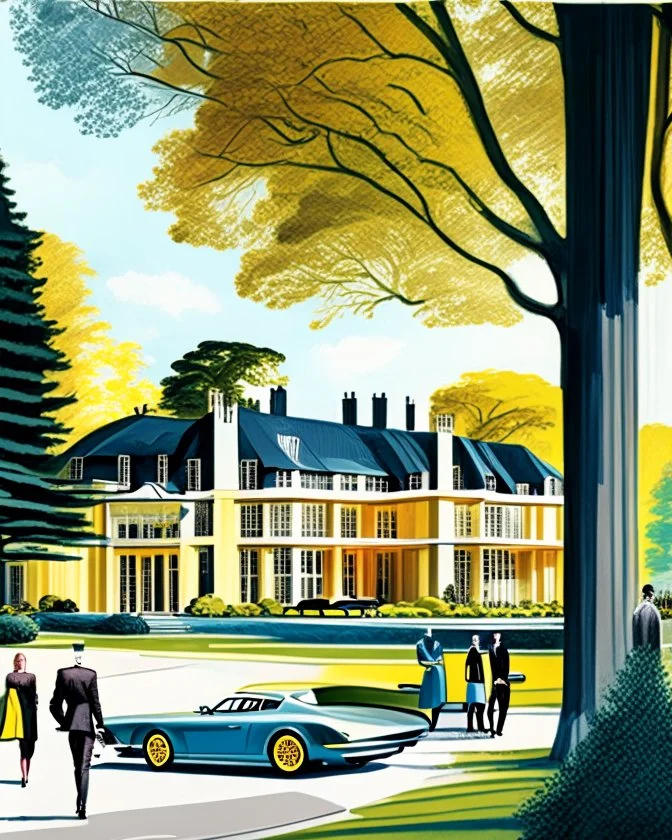 Architectural drawing of a luxurious modern country house, trees, people and cars, complementary colors