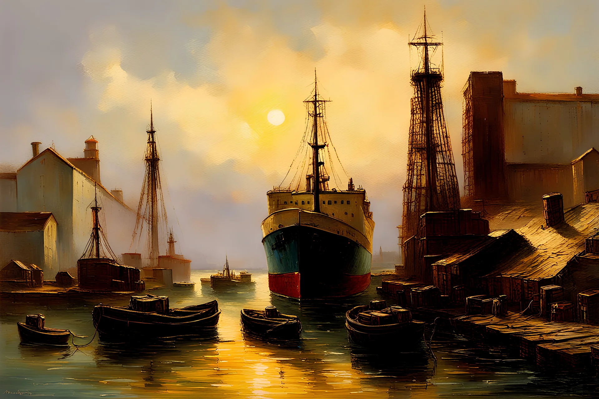 loose painting with thick paint and sraped canvas texture of a working harbor, where freighters are offloading cargo ala thomas kincade