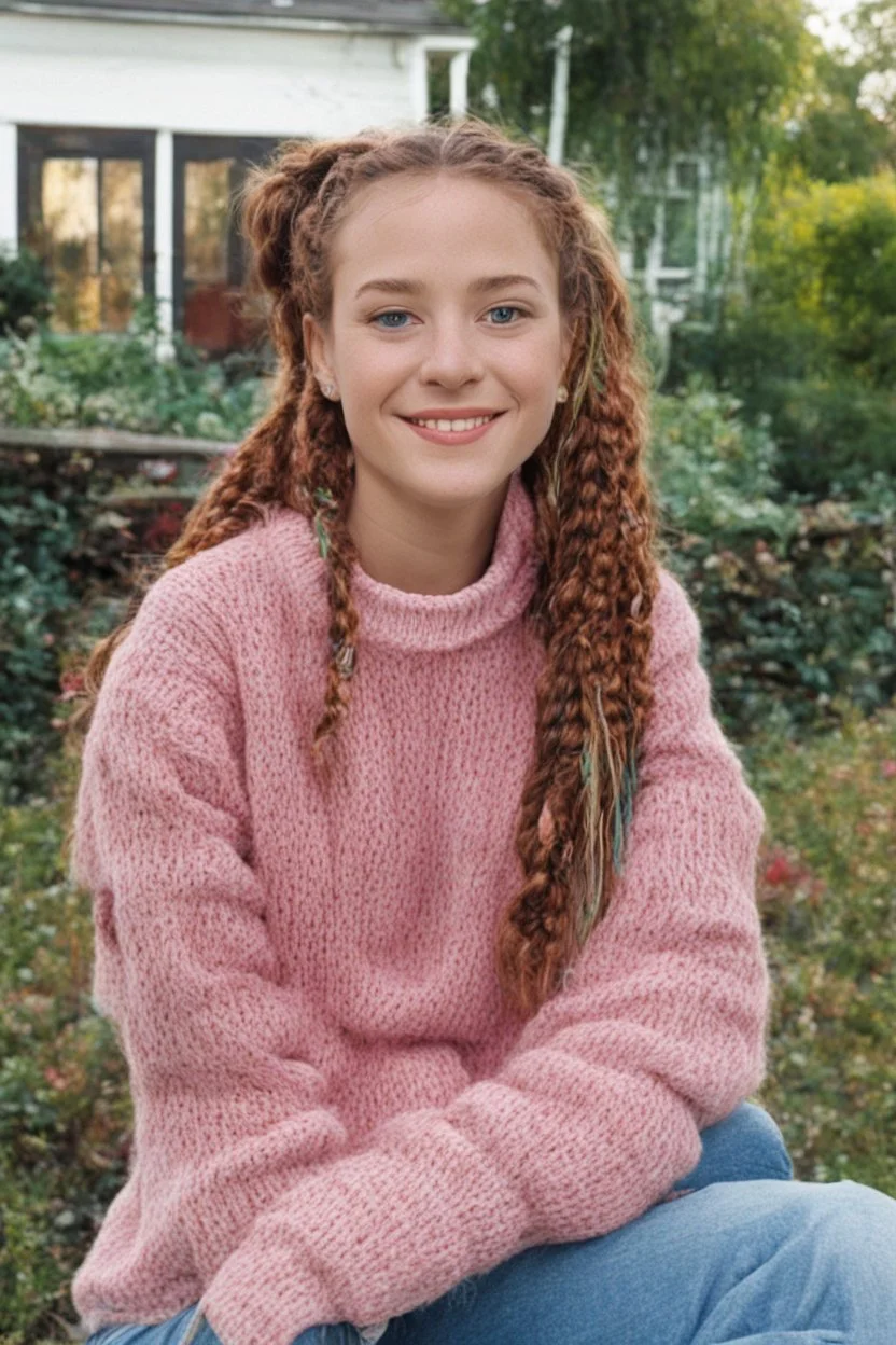 Sherrie Sue Engellant, a tiny, stacked, ((well-endowed:1.5)) 18-year-old girl with Long, auburn red-brown hair cornrow style, sea-green eyes, sitting in her front yard wearing a pink, knit, turtleneck sweater, blue jeans, black converse sneakers, a sly, clever grin on her face, (plump, full, pouty lips) ,