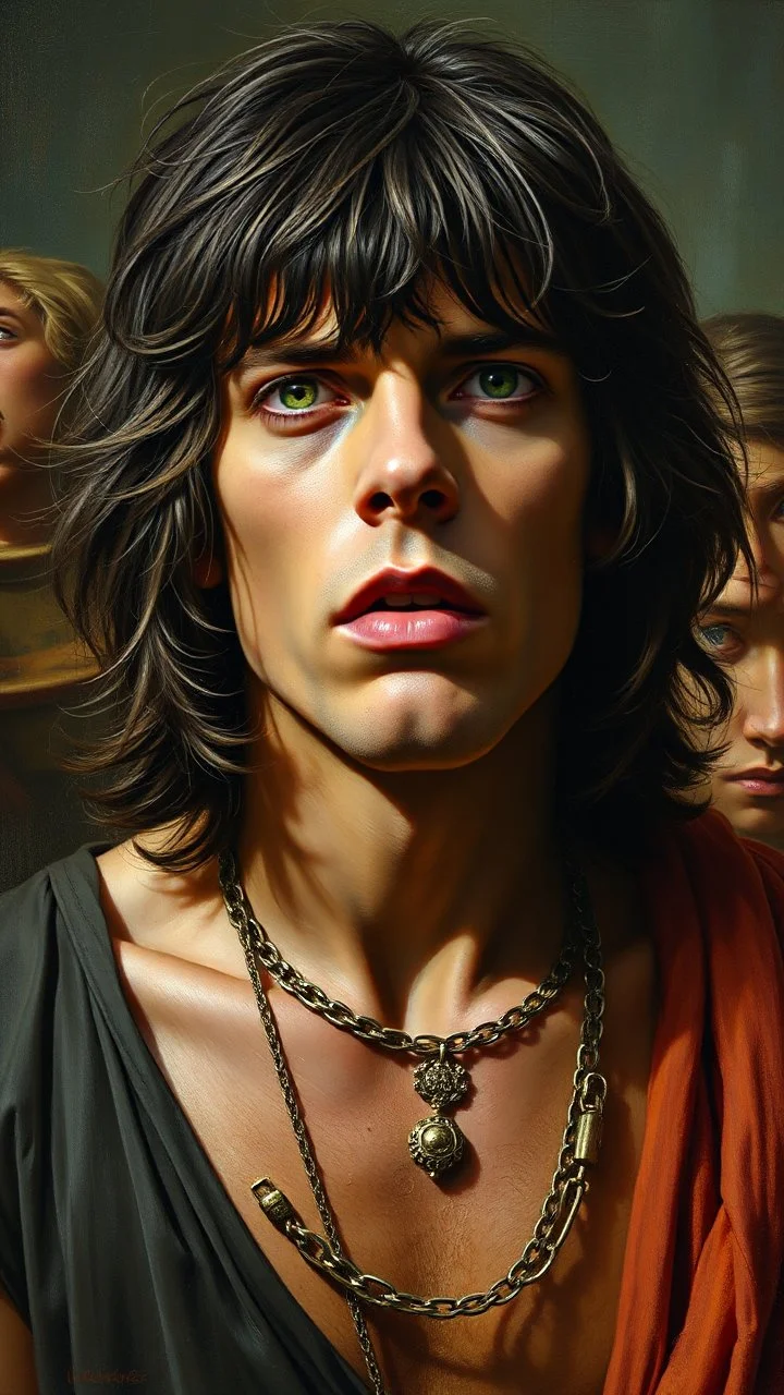 Realistic oil painting of Mike Jagger and The Rolling Stones with piercing green eyes, by John William Waterhouse, (long shot), dramatic lighting, classical mythology theme.