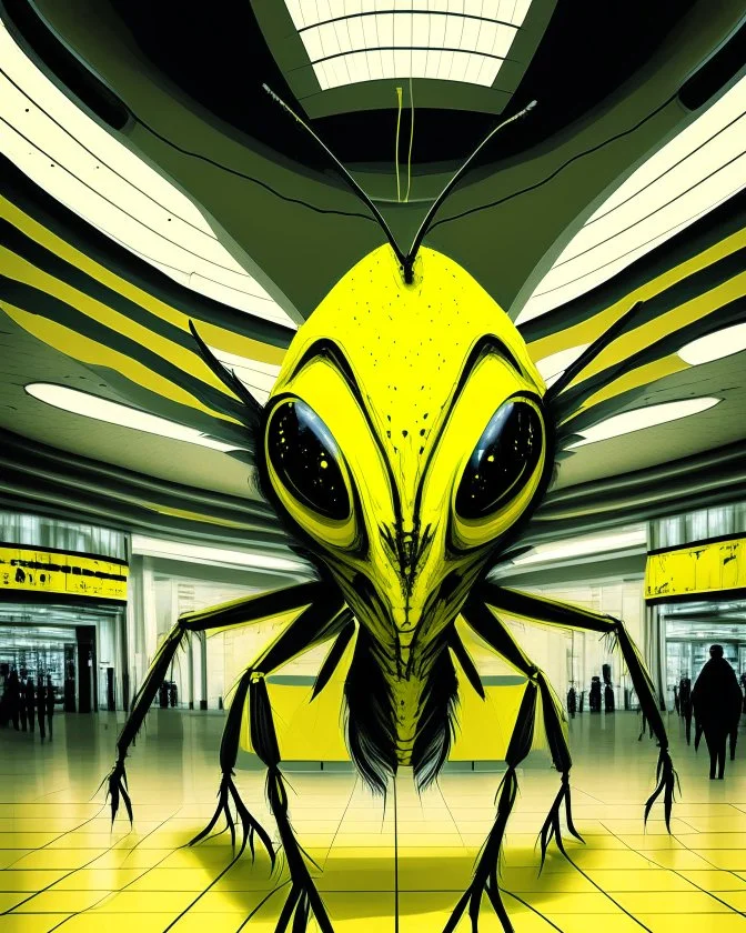 Distorted large yellow insectoid alien black eyes, in a mall, sci-fi art, graphic design, digital illustrated scene, alien art, high strangeness, absurdist, cartoonists