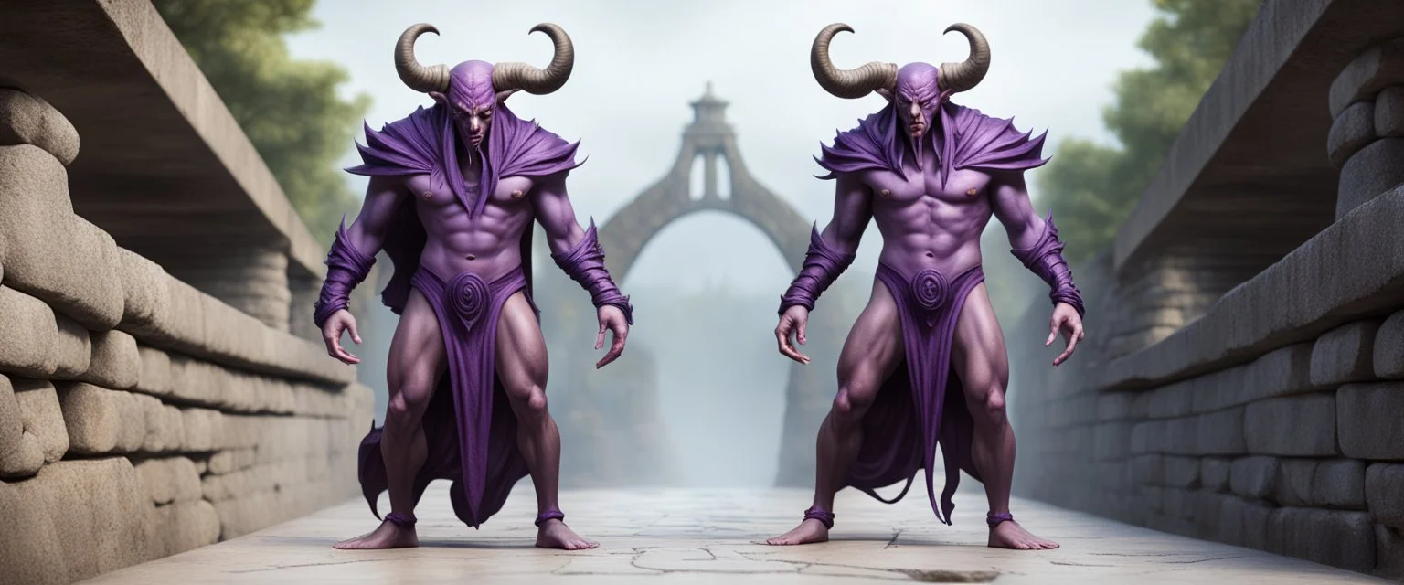 full body minotaur psionic master illithid in threatening pose in swimsuit on stone bridge, front and back,