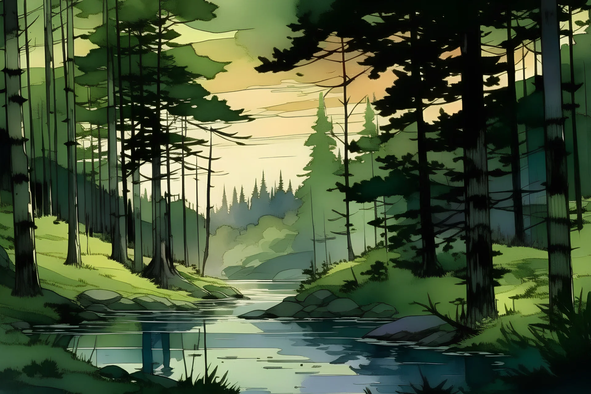 retro anime style, full color, dark serious 1980s anime style, A lake in the forest, watercolor, forest, a cortage