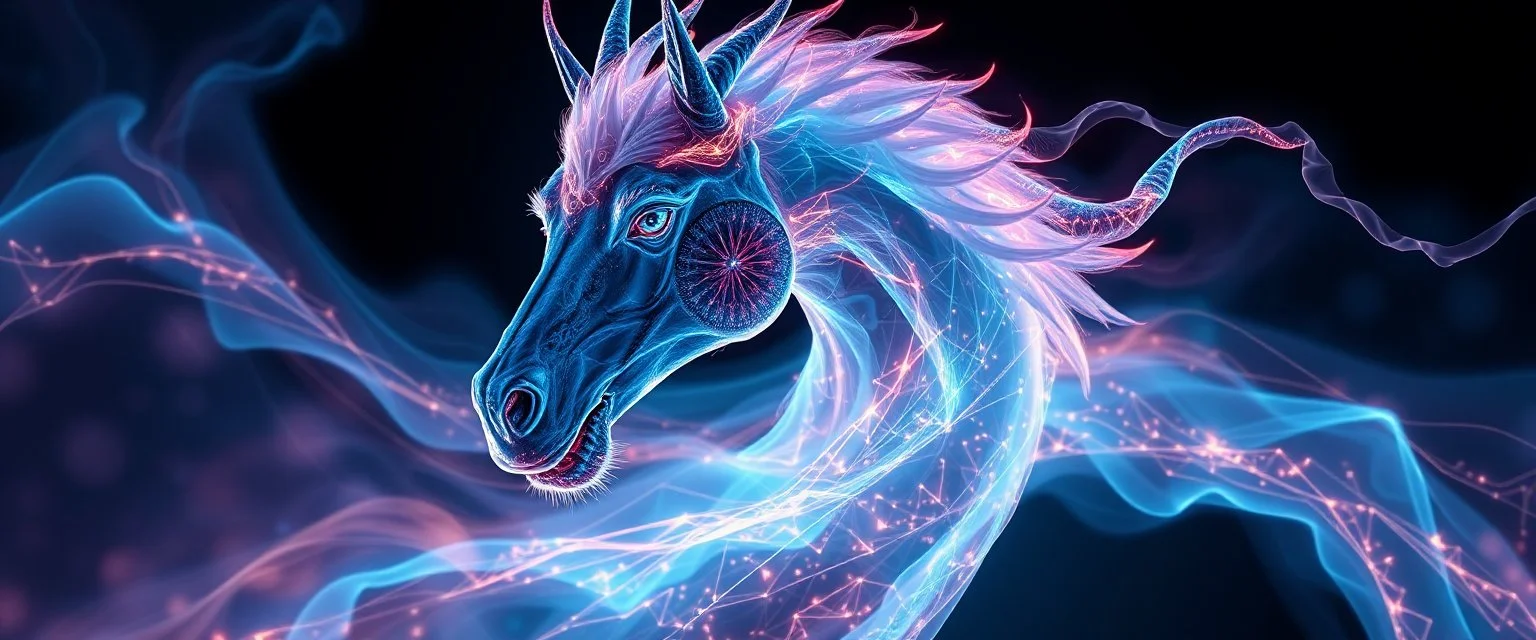 close up portrait plasma vampire flickers like hypnotic fire in geometric shapes like a dna swirl of time and a fearsome fluffy dragon horse