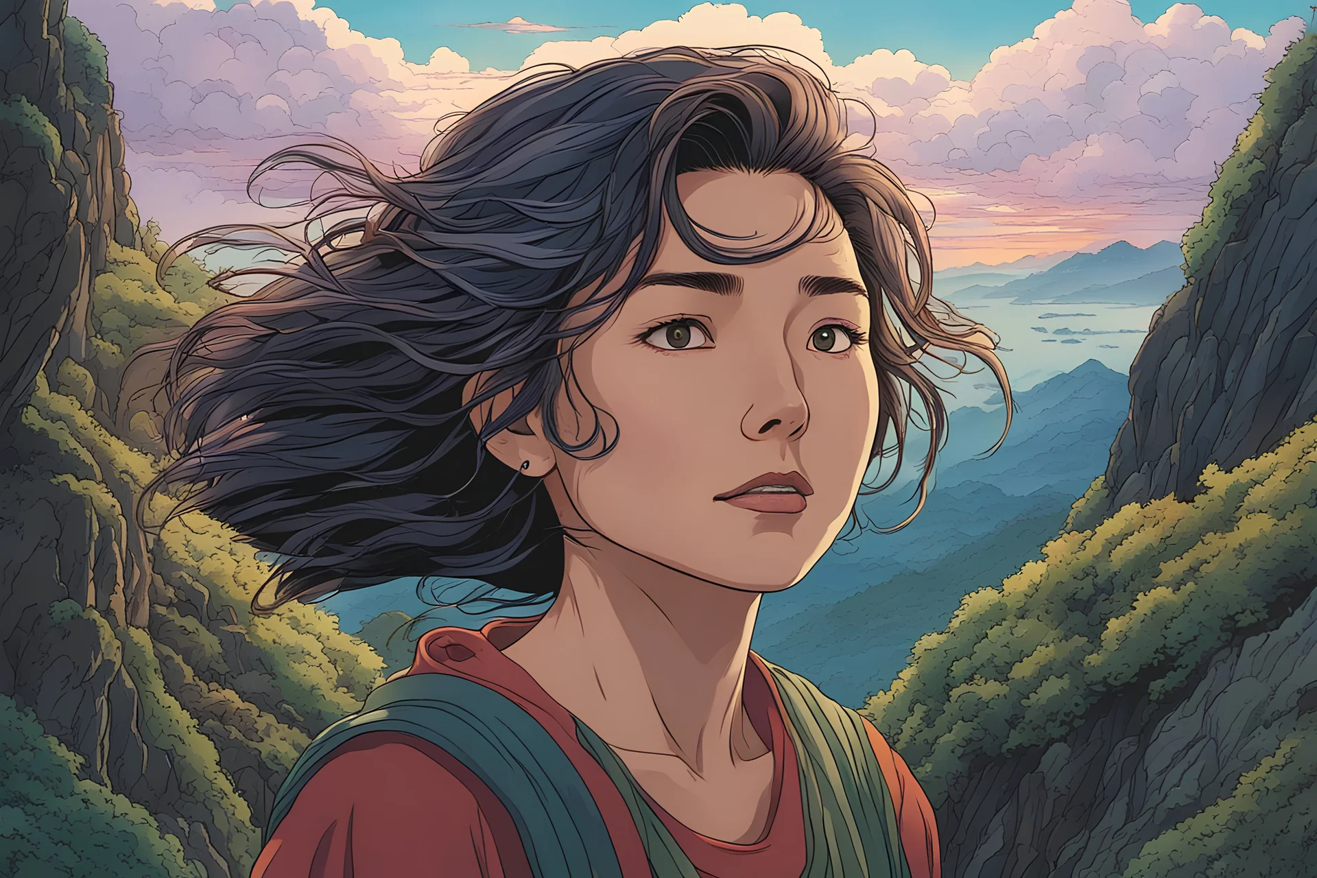 full color front facing portrait of a lone woman with highly detailed hair and facial features, trekking along a spirit haunted mountain trail, pierced by shafts of early evening light , art in the style of spirited away, studio ghibli, 8k , finely detailed and precise line work