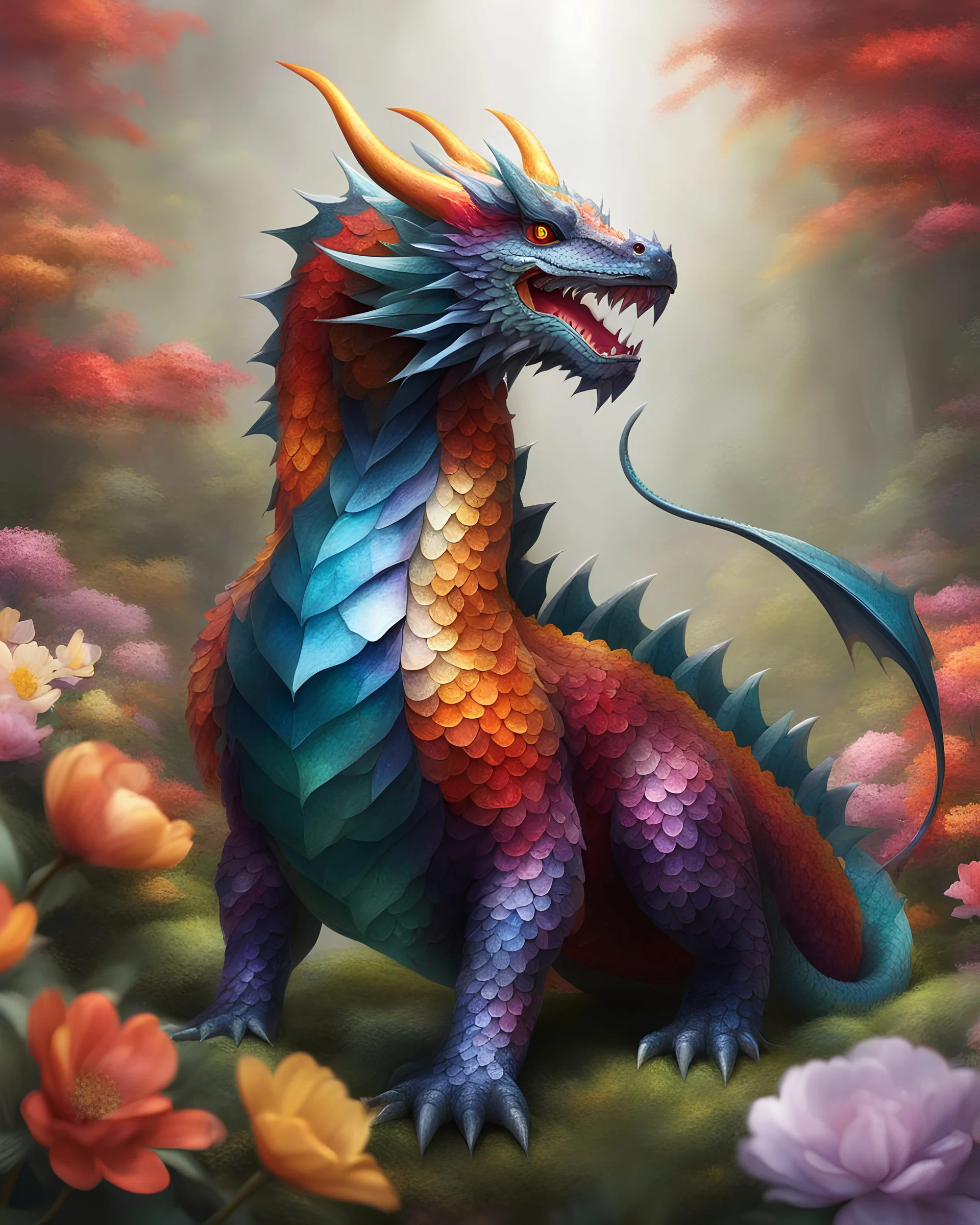 llustration of a dragon made of glass, full body shot, vivid color, depth of field, bright forest of colorful flowers