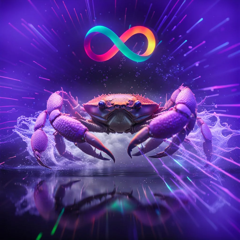 infinity symbol ∞ with vibrant powerful crab jumping out of the water, striking, neon, chiaroscuro, dramatic, captivating, powerful, fantasy, beautiful, octane render, 16k post-production, artstation: award-winning: atmospheric: commanding: fantastical: clarity: ultra quality: striking: brilliance: stunning colors: amazing depth; lens: f/11, 35mm