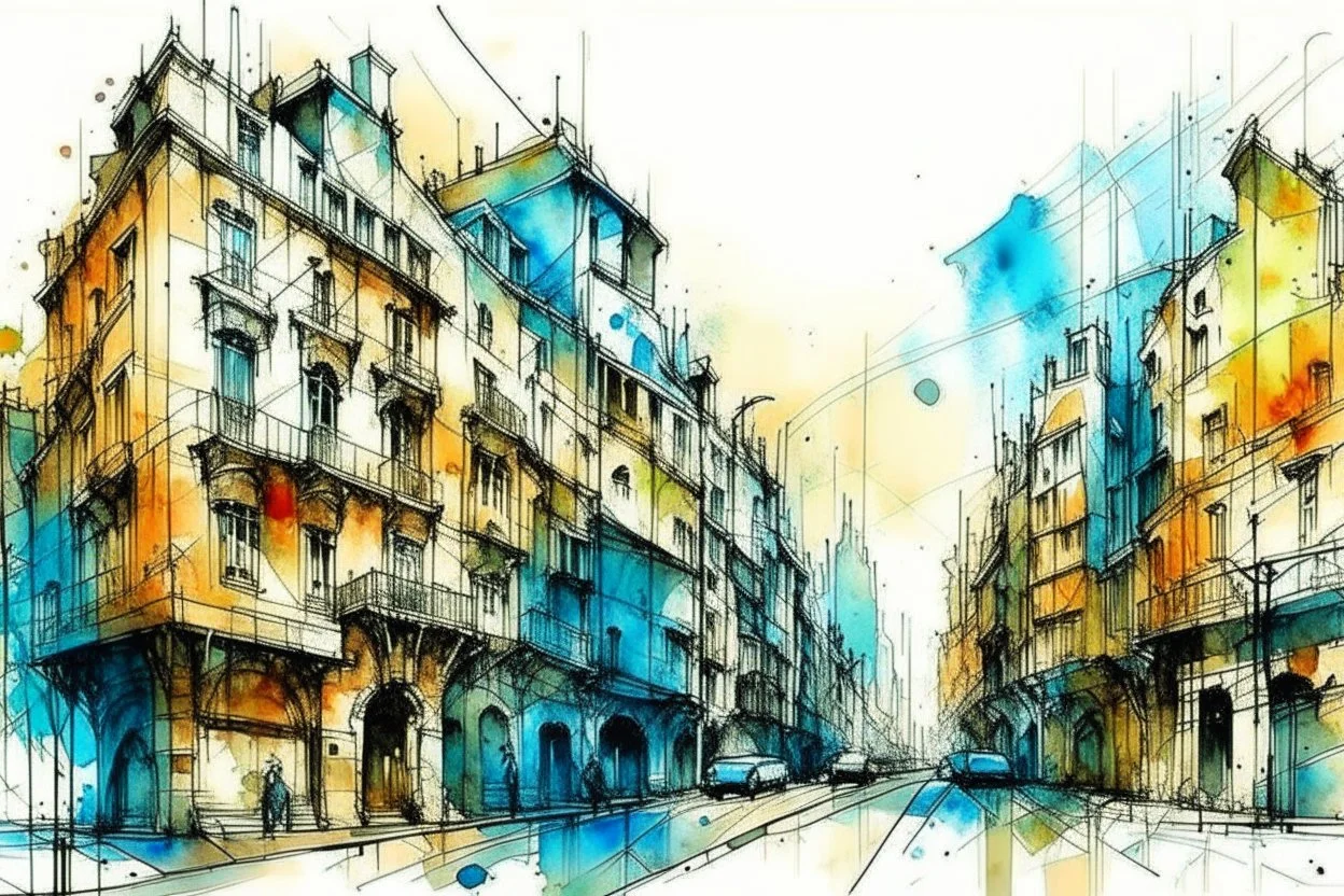 City sketch, watercolor, white background, vibrancy of watercolor wash, highly detailed, with sharp focus and smooth transitions. Carne Griffiths, Wadim Kashim, Carl Larsson, Pascal Blanche, golden ratio, masterpiece, trend on CGSociety and Artstation, bottomless, impressive, something that does not even exist, textures, iridescent scales and luminescent, impressive beauty, pure perfection, divine presence, unforgettable beauty, impressive, impressive, volumetric light, auras, rays, reflections