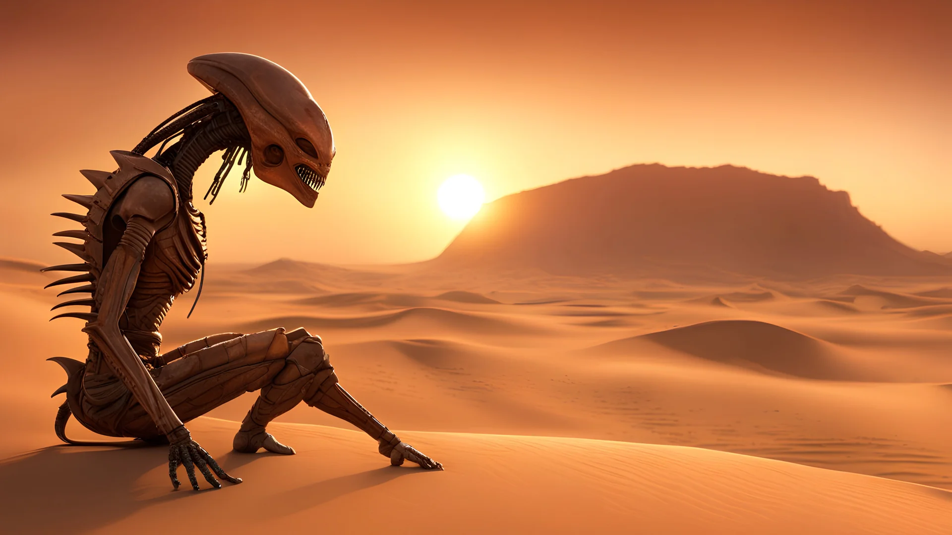 alien predator in the desert , sunset