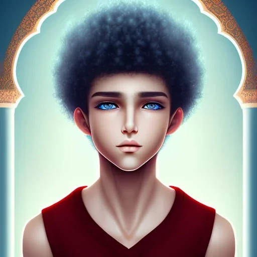 beautiful 12 year old arabic boy with curly hair and light blue eyes