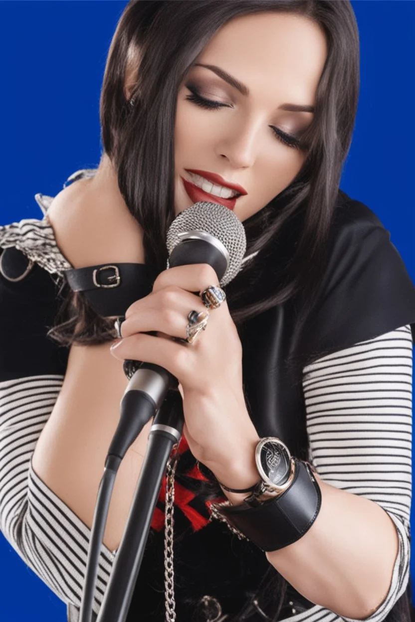 attractive female country music singer leaning forward while holding microphone in one hand, other hand brought up to side of neck, change clothing to plaid in natural tones, leather bracelets on wrists, long hair, mouth open singing, rings on fingers, eyes closed