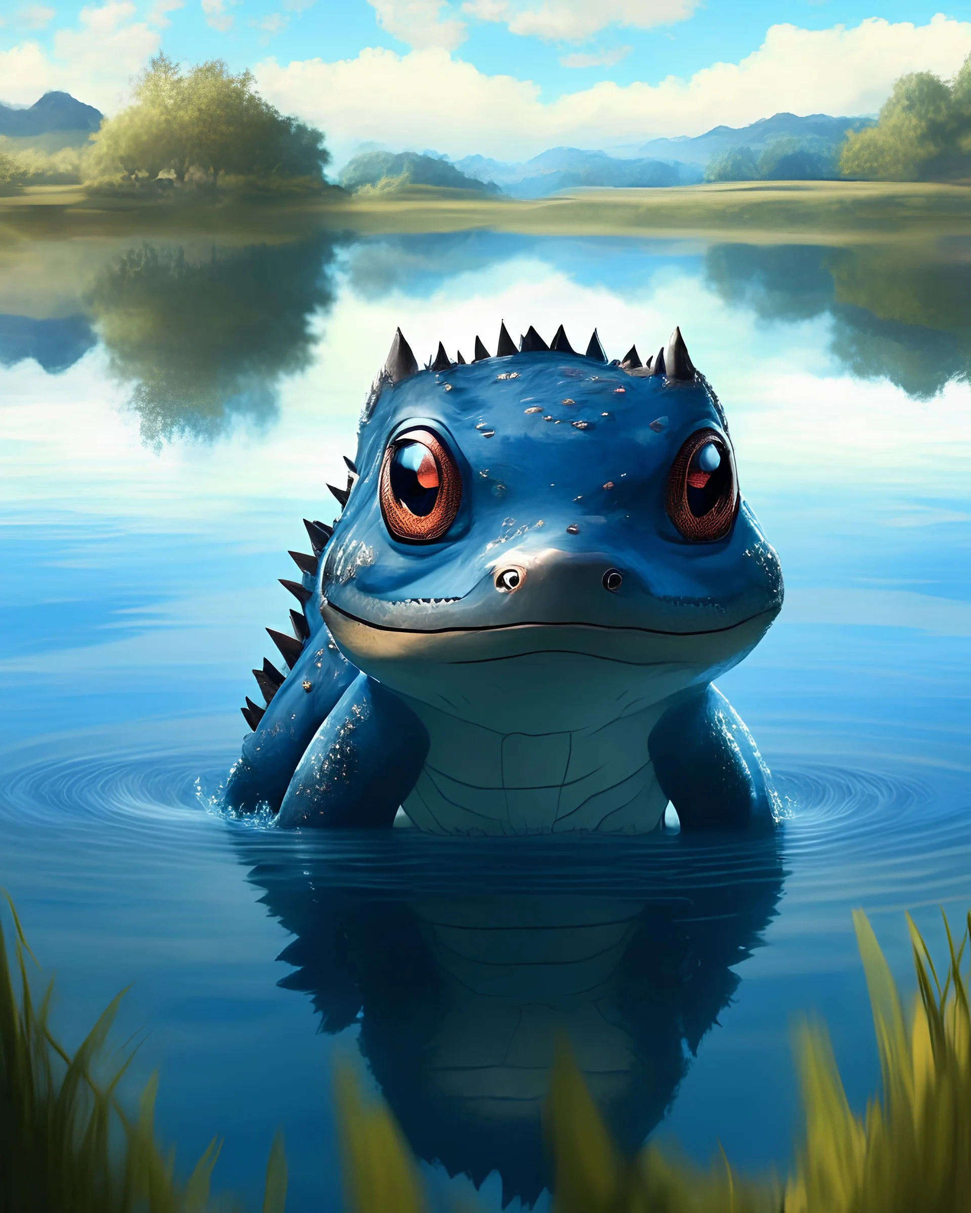 content feraligatr pokemon creature with big sparkly eyes in a lake, on a calm summer morning.