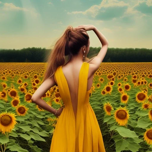 woman standing in sunflower field, back view, wind, long brown hair, yellow dress