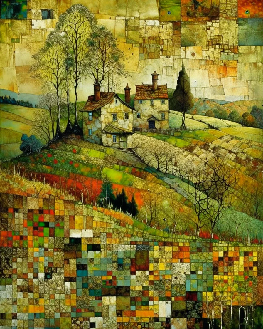 the house on the hill, patchwork art by Jamie Heiden, Peter Doig, Renoir, Pol Ledent, Endre Penovac