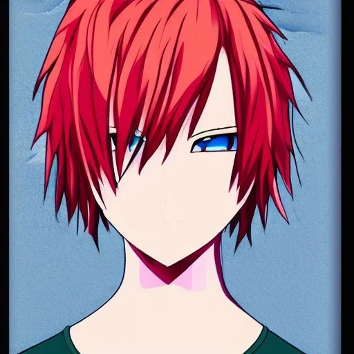 An anime character with complex details and full of sharp colors. Male, red hair, blue eyes