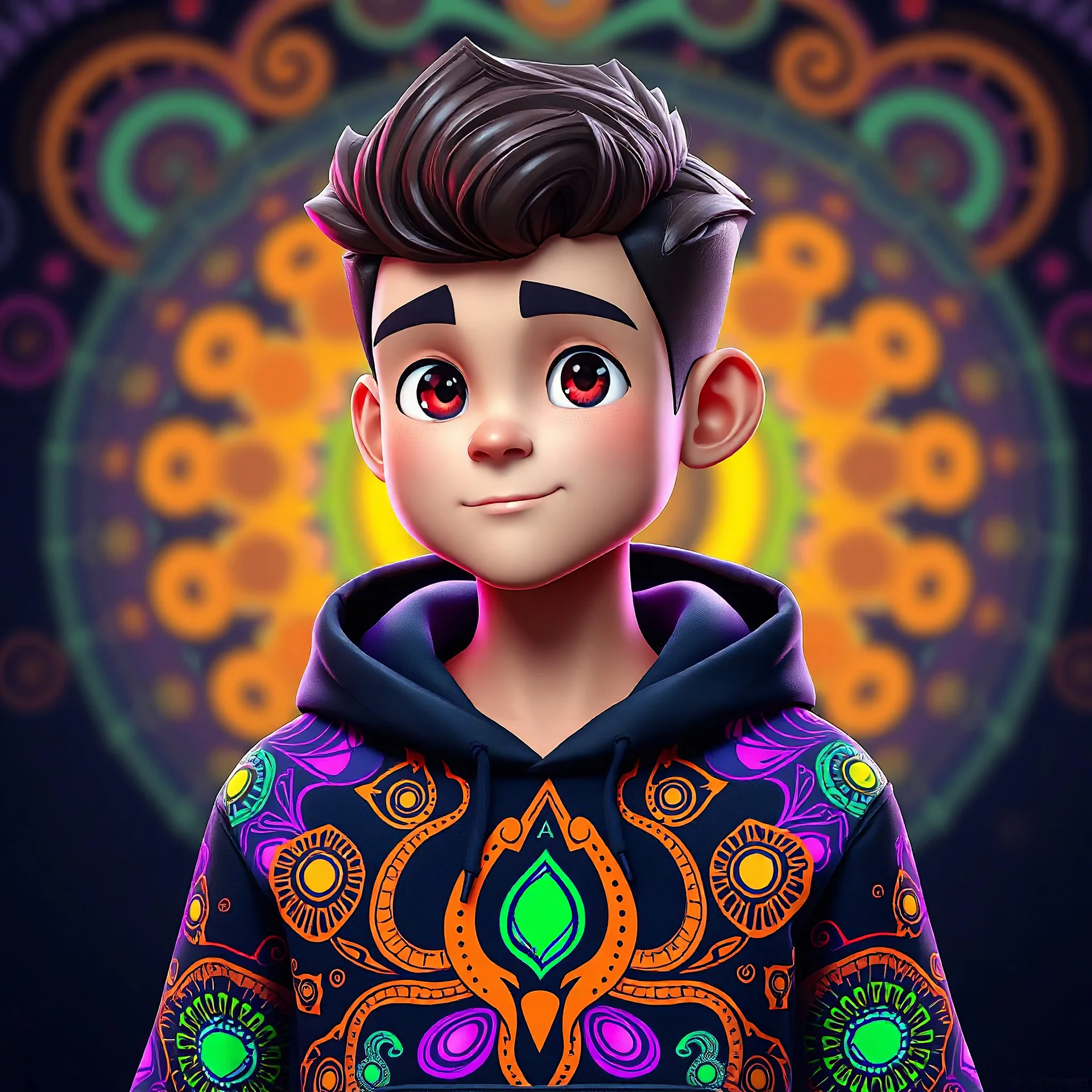 A 3D cartoon young adult male, very big headed, short body, likely of light skin tone, is the central figure in a vibrant, digital art style image. He is wearing a dark-colored hoodie decorated with intricate, psychedelic patterns featuring bright neon colors like fluorescent orange, vibrant purple, and bright green. The patterns are complex, resembling swirling geometric designs, fractal patterns, and glowing circular motifs. The hoodie has a graphic design inspired by organic forms like tentac