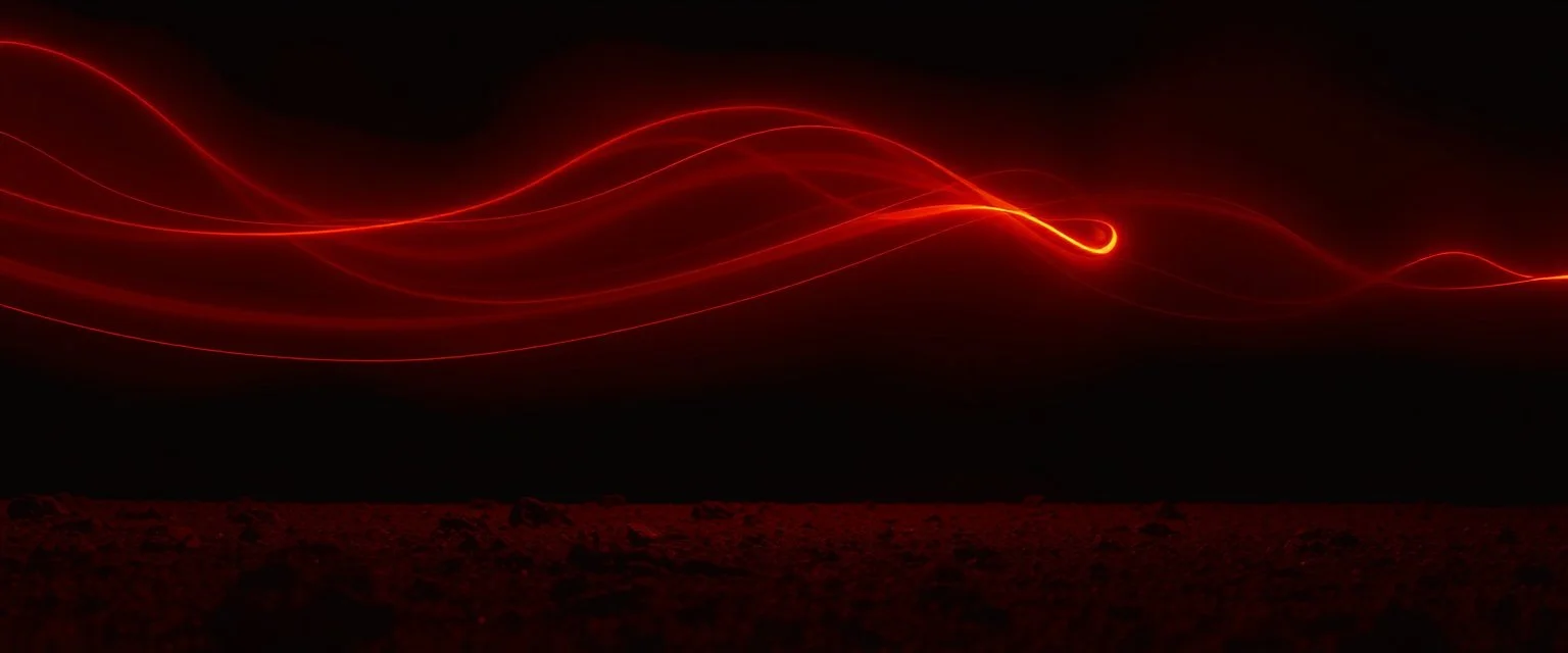 swirling trails of light in the background, natural red tones, brown dirt ground long bottom, dark background
