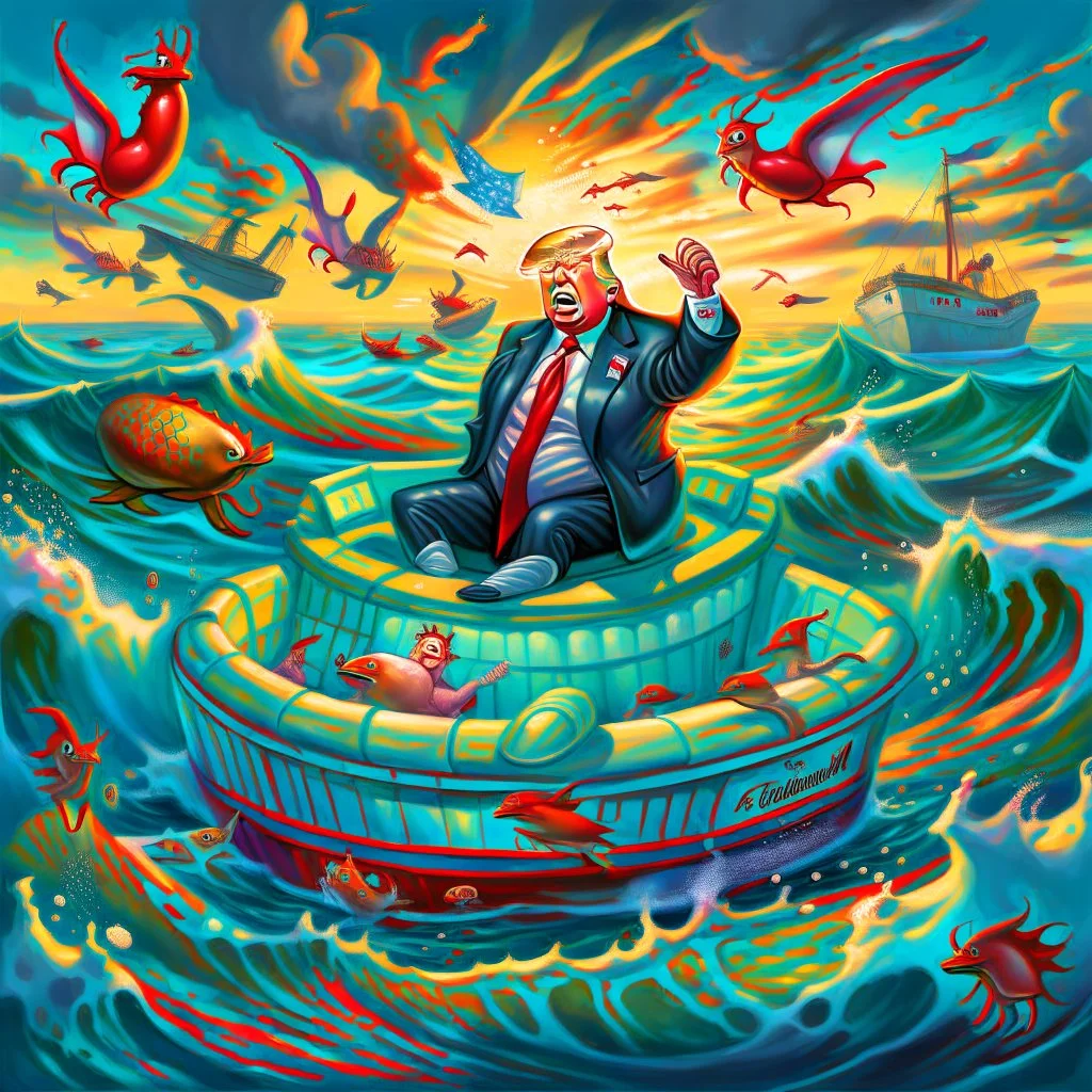 Donald Trump as a Fat man in a claw foot bathtub sinking in the ocean. Water lapping at the top of the tub. Panic on his face. Scared, screaming for help. Surrounded by seagulls, lobsters and crabs. there is a colorful light house with dark stormy skies in the background. Lightening and wind blows. He's in trouble.