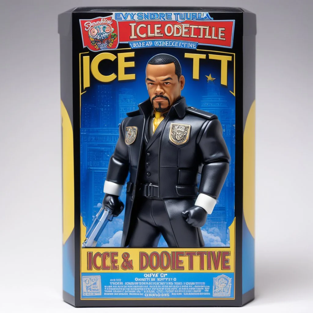 A photograph of a pristine action figure encased in its packaging, evoking a sense of collectible wonder, styled after a vintage toy advertisement. The box prominently displays "Ice-T" in bold, stylized lettering, with the action figure inside clearly resembling Ice-T as NYPD detective/sergeant Odafin Tutuola, possessing his iconic features confidently with a badge