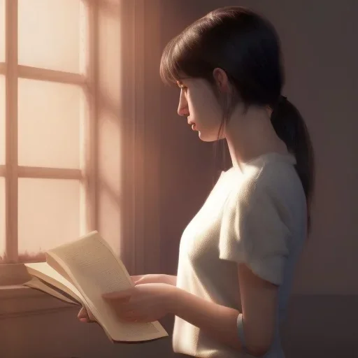 Study girl read a book in by the window, movie, real photo realistic, unreal engine, cinematic lighting --ar 1:1 creative