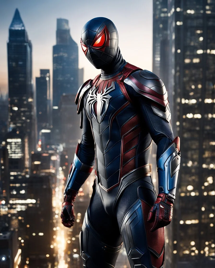 Create an image of a Spider-Man in a highly detailed and advanced armored suit, similar to the one shown but with even more intricate designs and cool features. The armor should have a sleek, futuristic look with glowing elements and enhanced gadgets visible on the suit. The setting is at dusk in an urban environment, with the character standing on a high-rise building overlooking a cityscape that reflects the advanced technology of the world they are protecting.