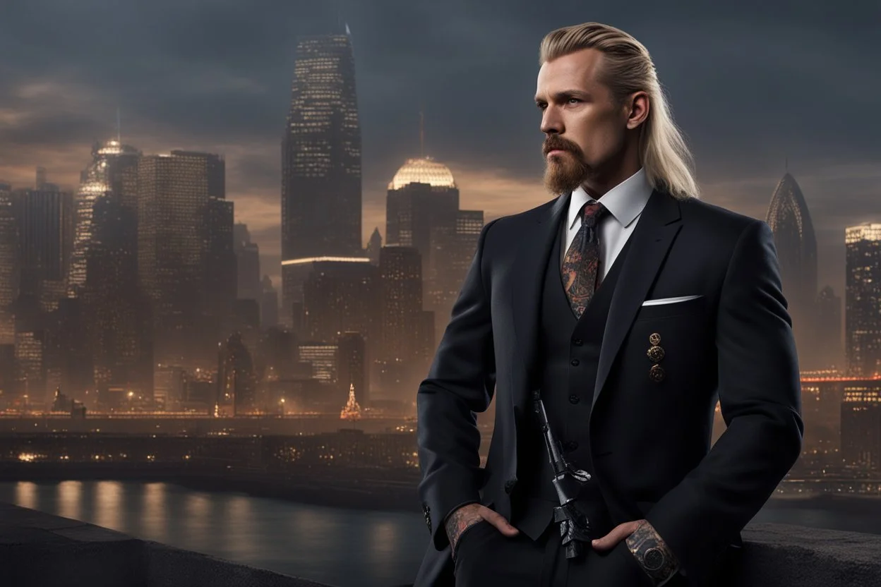 photorealistic portait of henry cavell as mercenary with long blonde hair undercut tattoo on neck smartly trimmed goatee wearing smart suit cityscape