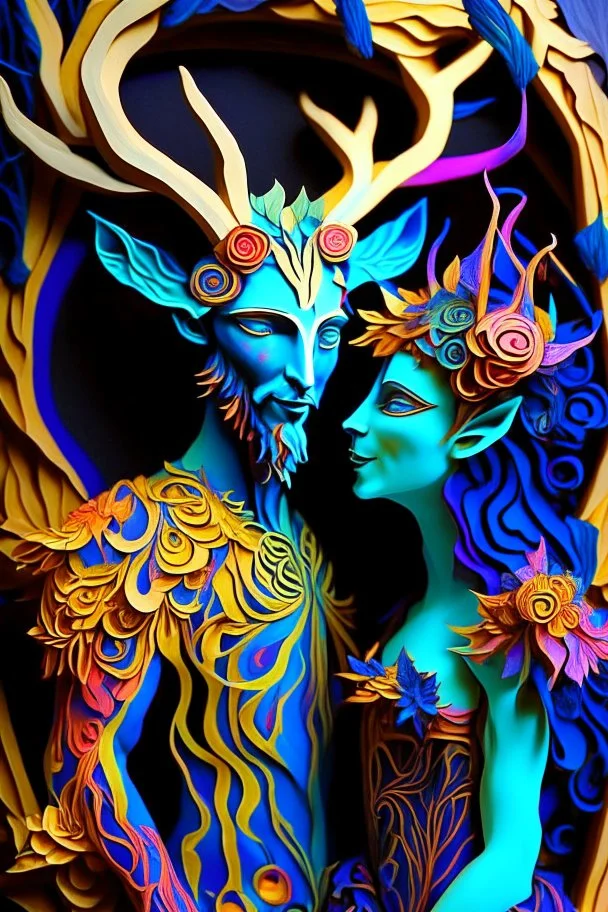 "Satyr Union"; surreal Satyr and Nymph couple wearing colorful Royal wedding attire made with quilling found in nature; Avant-garde