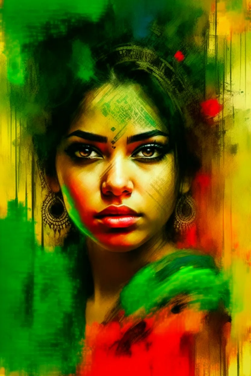 Portrait of An Indian beautiful woman by Jeremy Mann and Russ Mills, 8k resolution concept art triadic colors intricately detailed trending on Artstation