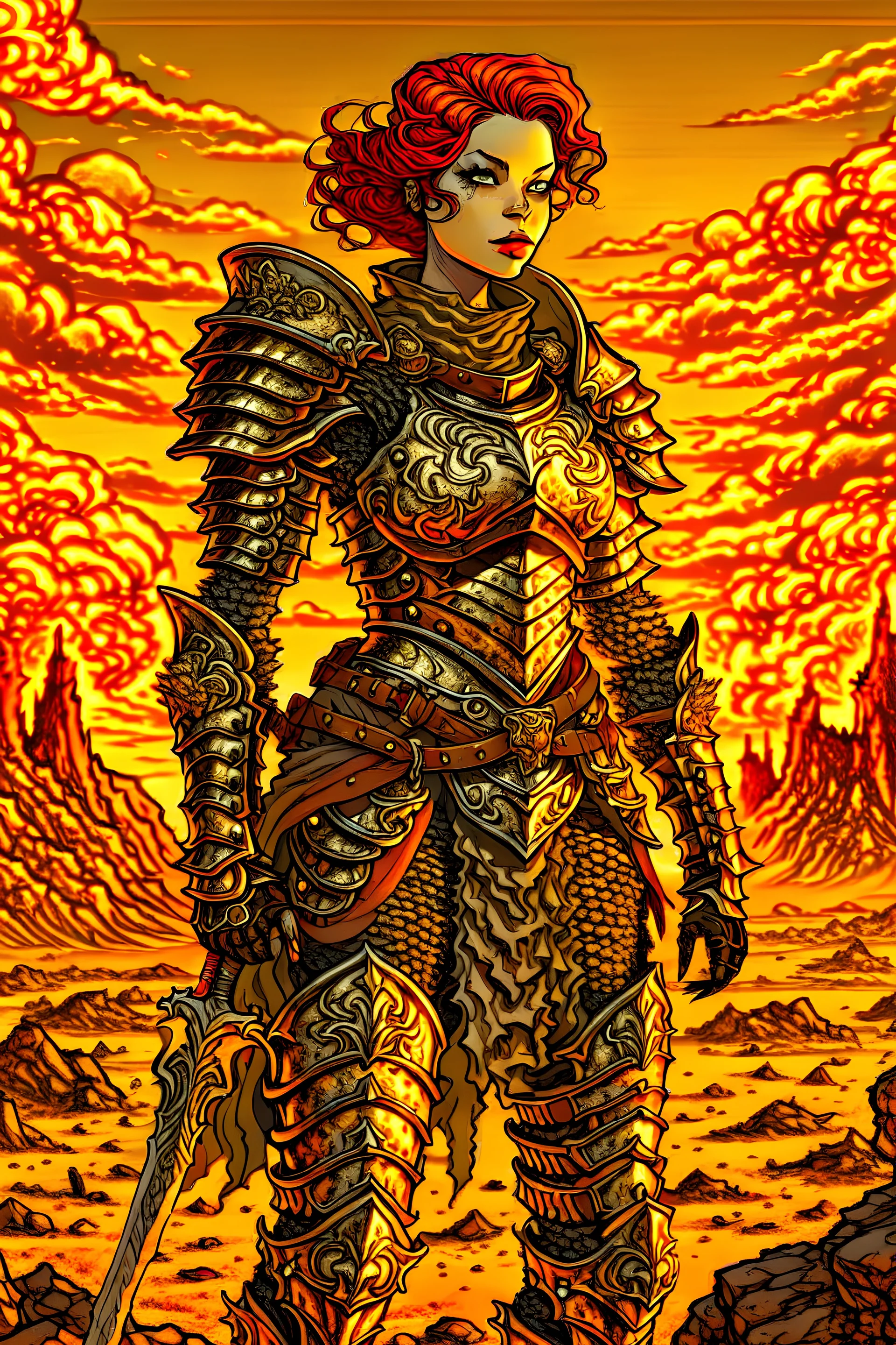 detailed illustration of ginger female divine paladin wearing full plate armor, heavily damaged armor, standing sad on a battlefield, battlefield on fire as background, dirt, misery and decadence, dark ambient, art by Mschiffer, tetradic colors,