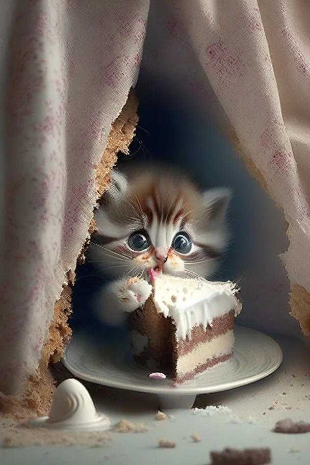 baby kitten hiding eating cake