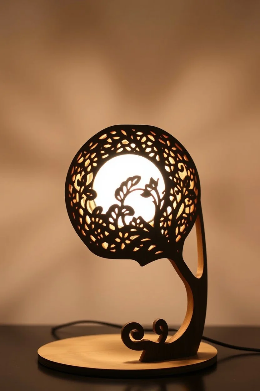 Create a product table lamp inspired by nyonya kebaya in wood material process laser cutting