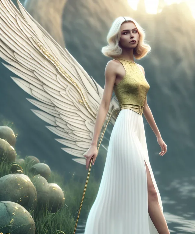 subtle queen, atmospheric, realistic, unreal engine, cinematic lighting, octane render, transparent long dress, blonde, full body, bright wings, smile, long hair