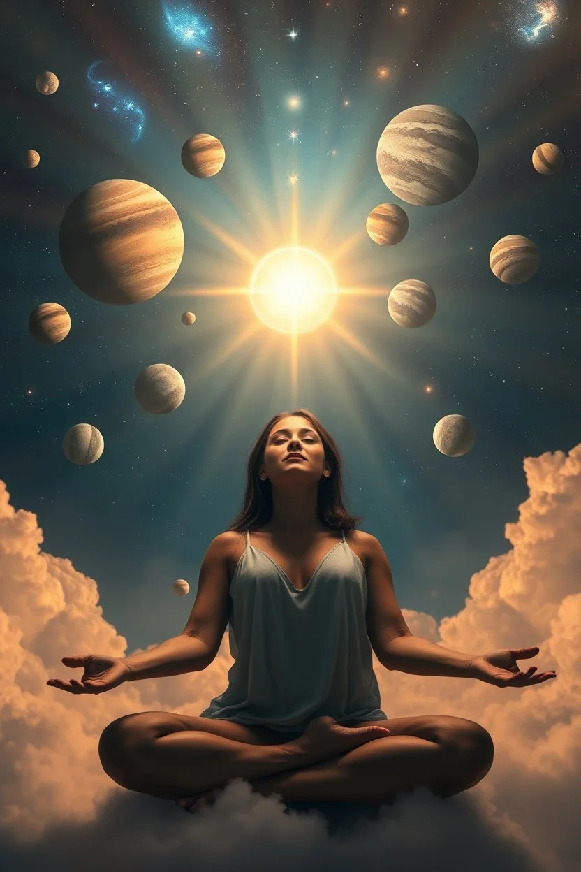 Beautiful meditating Woman connected with planets in the stunning lighting space and spirit in clouds and heaven